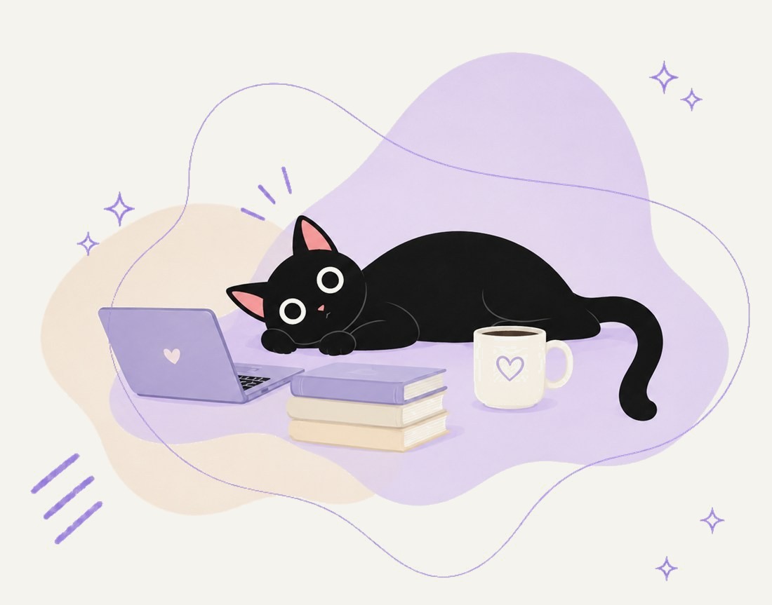Black cat with laptop, books and coffee — design with purpose