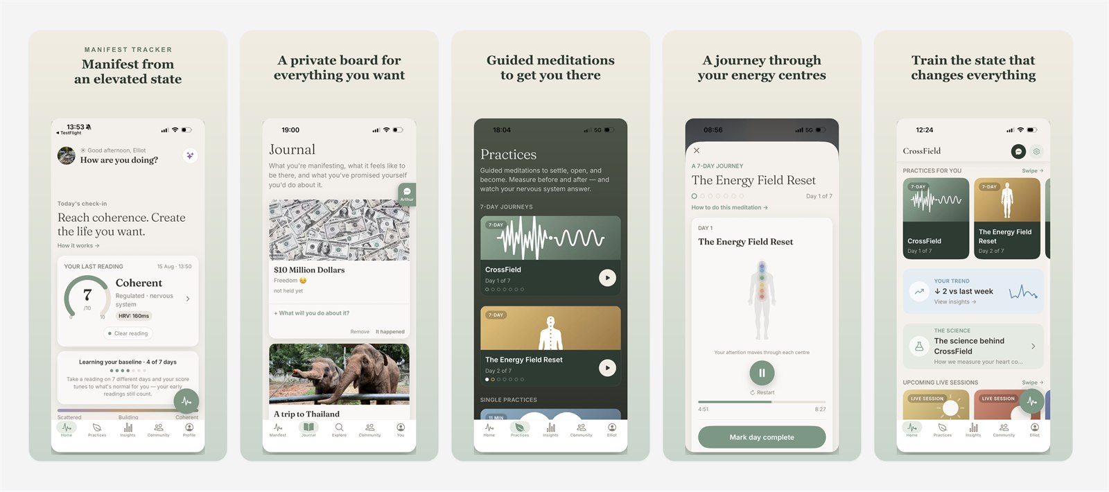 CrossField — 5-panel App Store screenshot set