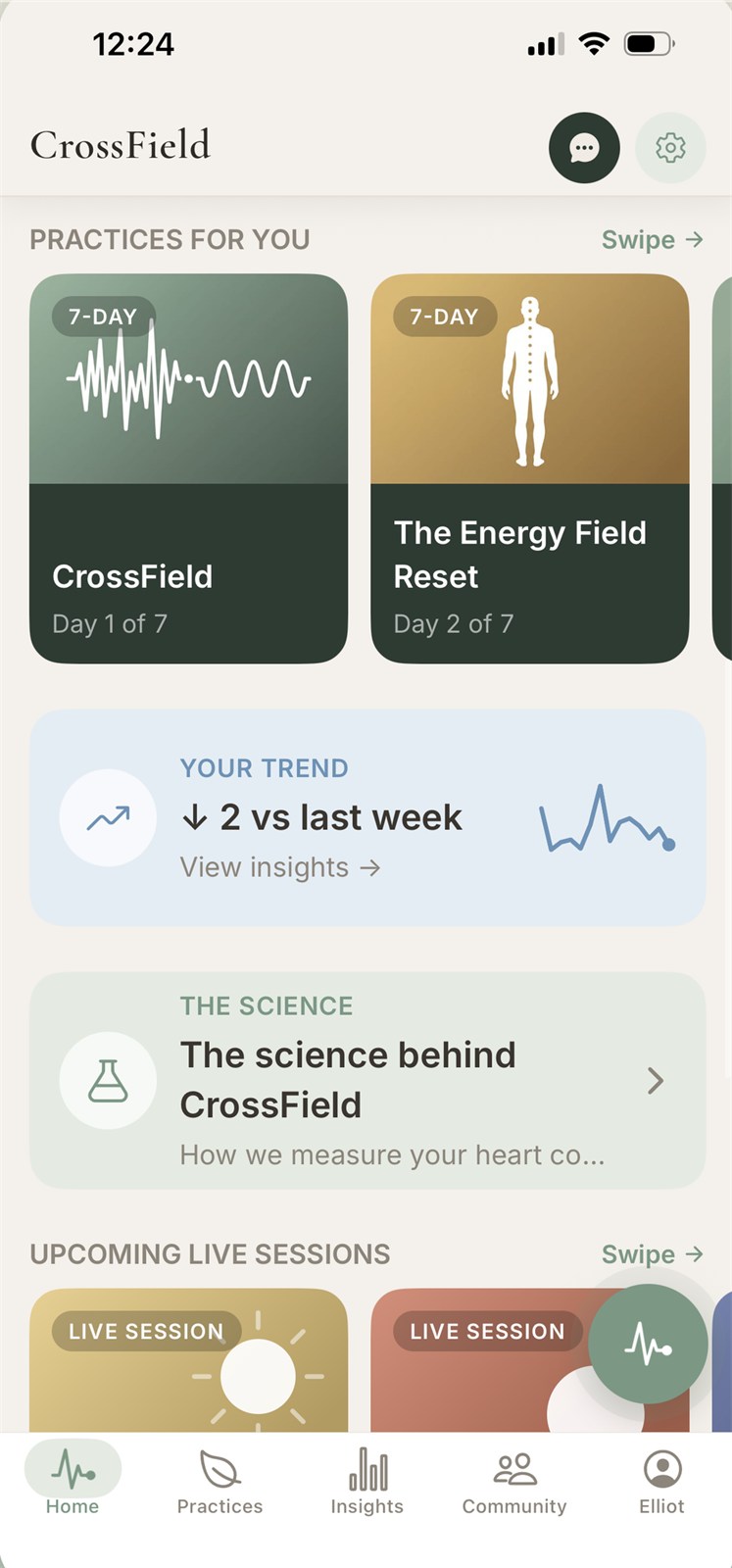 CrossField app interface — home