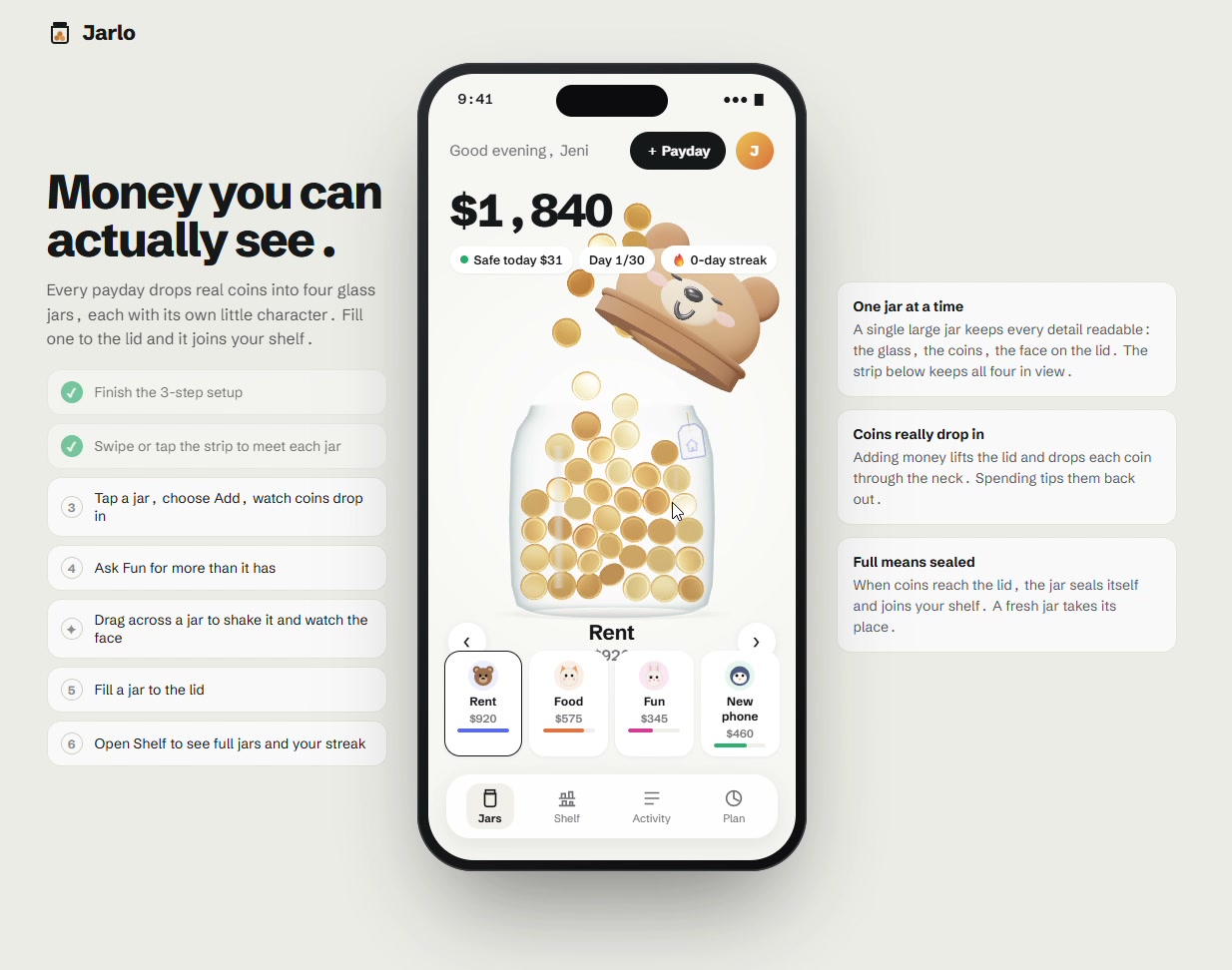 The Jarlo interactive prototype in the browser, with a guided checklist beside the phone