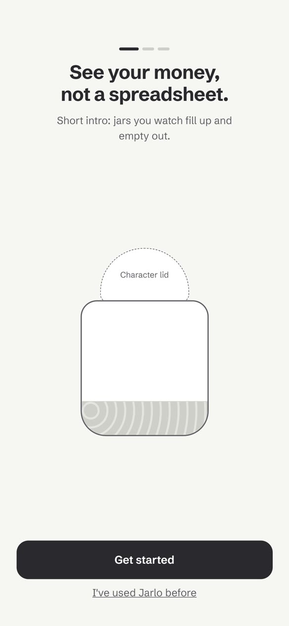 Wireframe — welcome screen with the character-lid jar