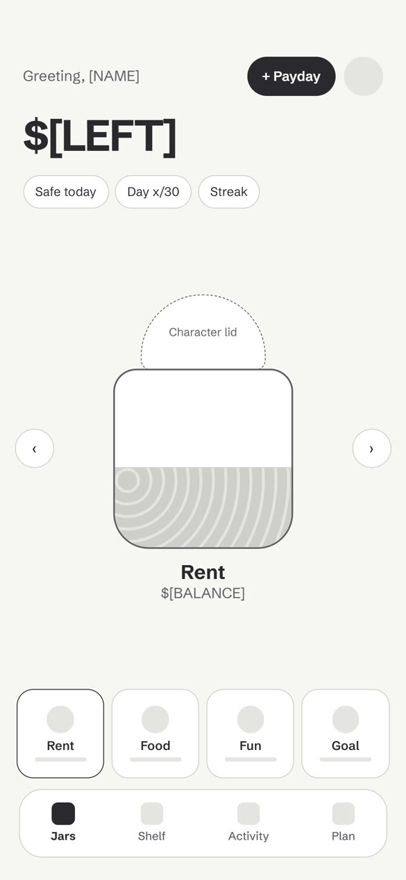 Wireframe — home with one jar and the jar strip