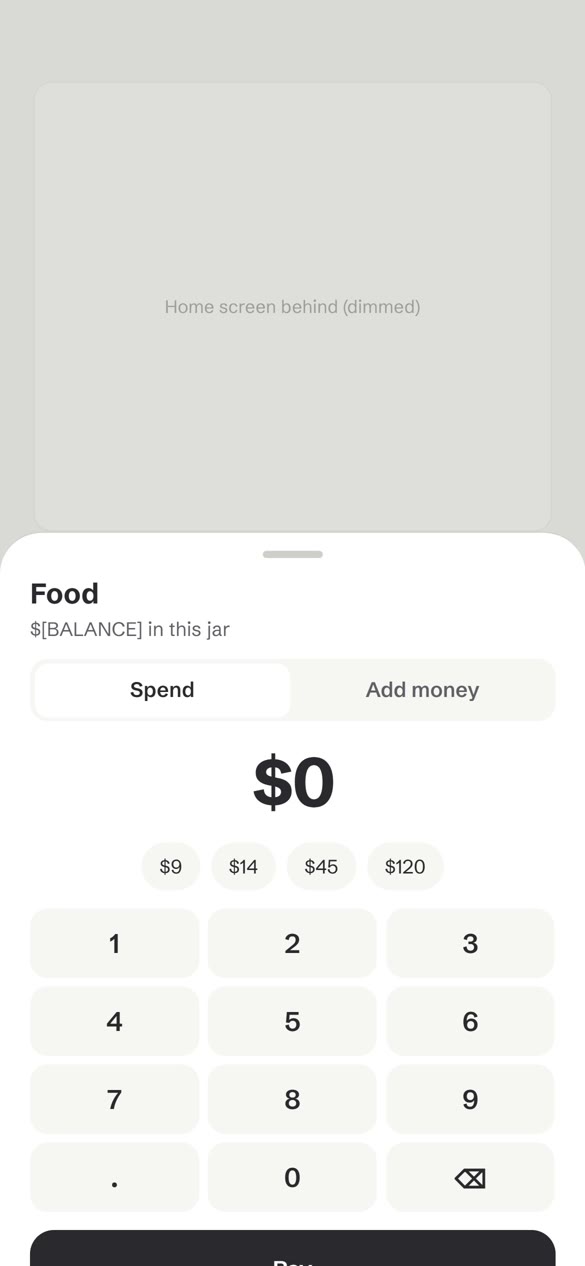 Wireframe — spend or add money sheet with keypad