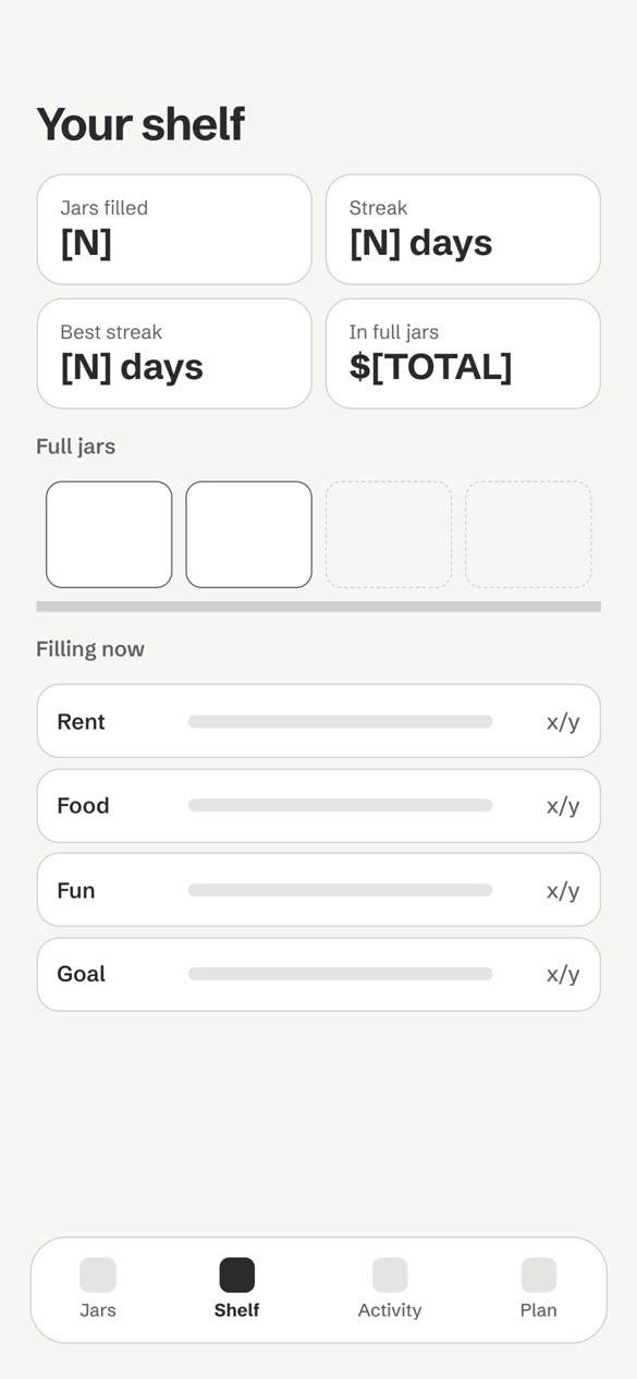 Wireframe — your shelf with streaks and filling jars