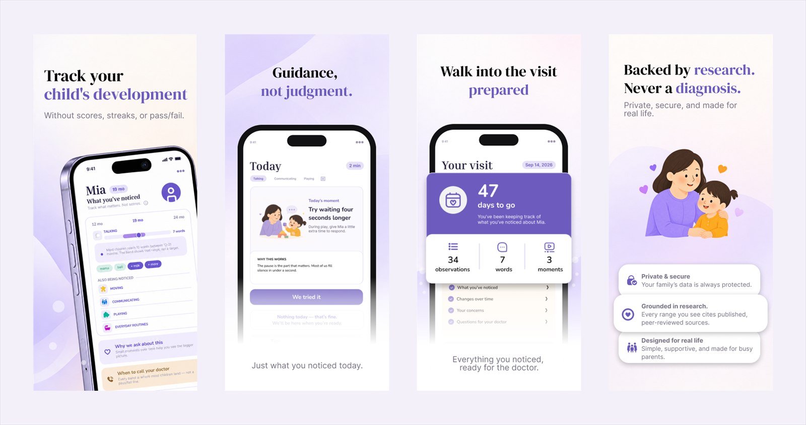 Meanwhile parenting app — UI & App Store screenshots