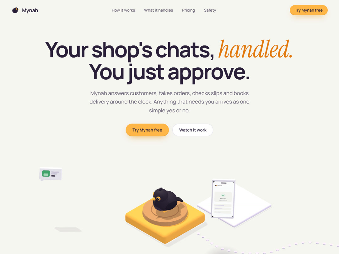 Mynah — a 3D landing page for an AI shop assistant