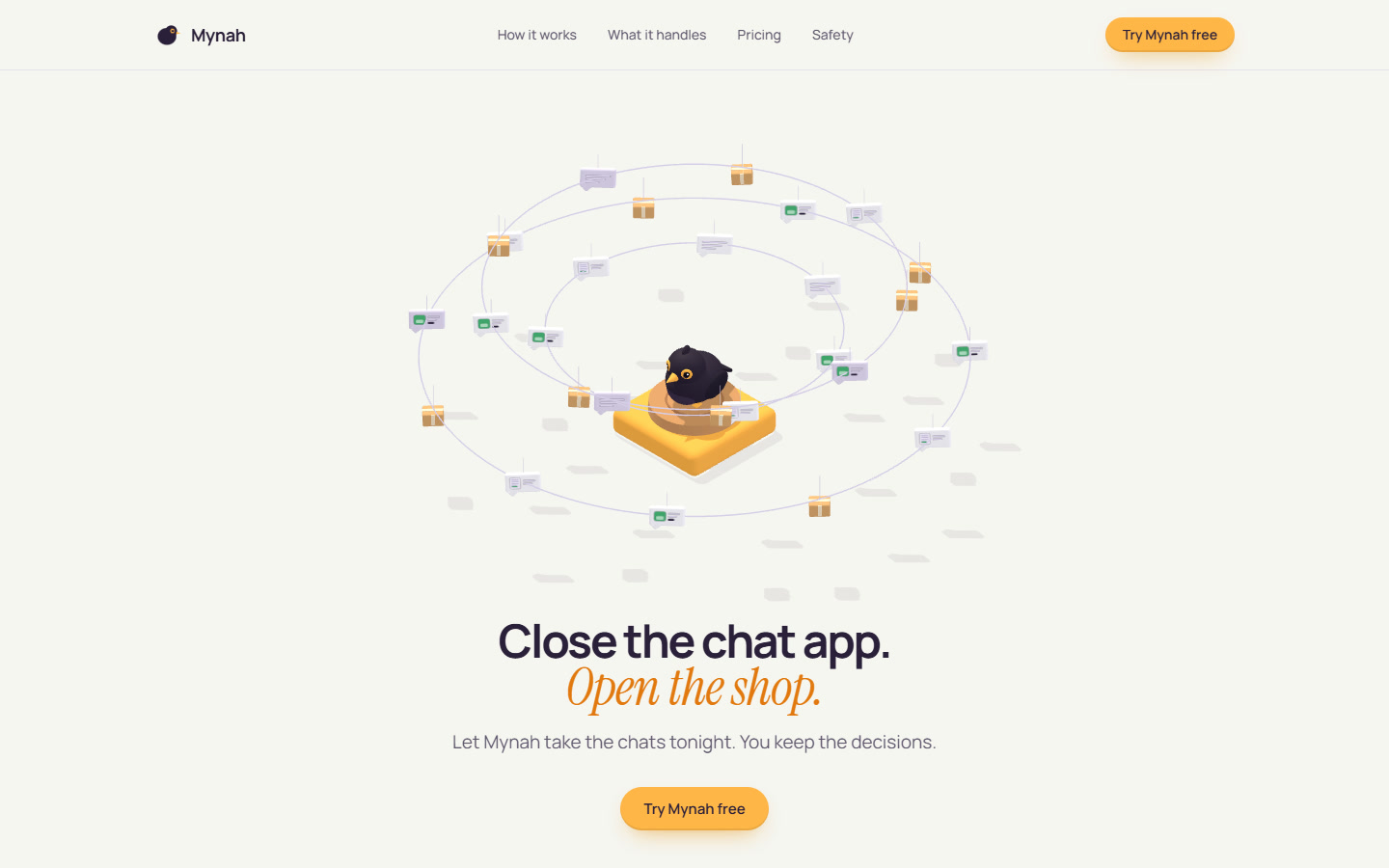 Final call to action: the bird at the centre of slowly turning rings of chat bubbles and parcels