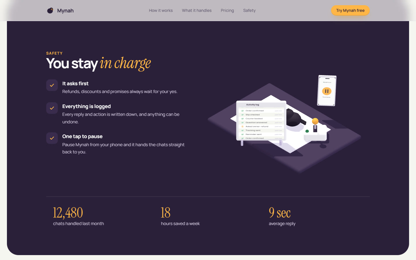 The You stay in charge section: a plum control room with a switch, an activity log and a pause button