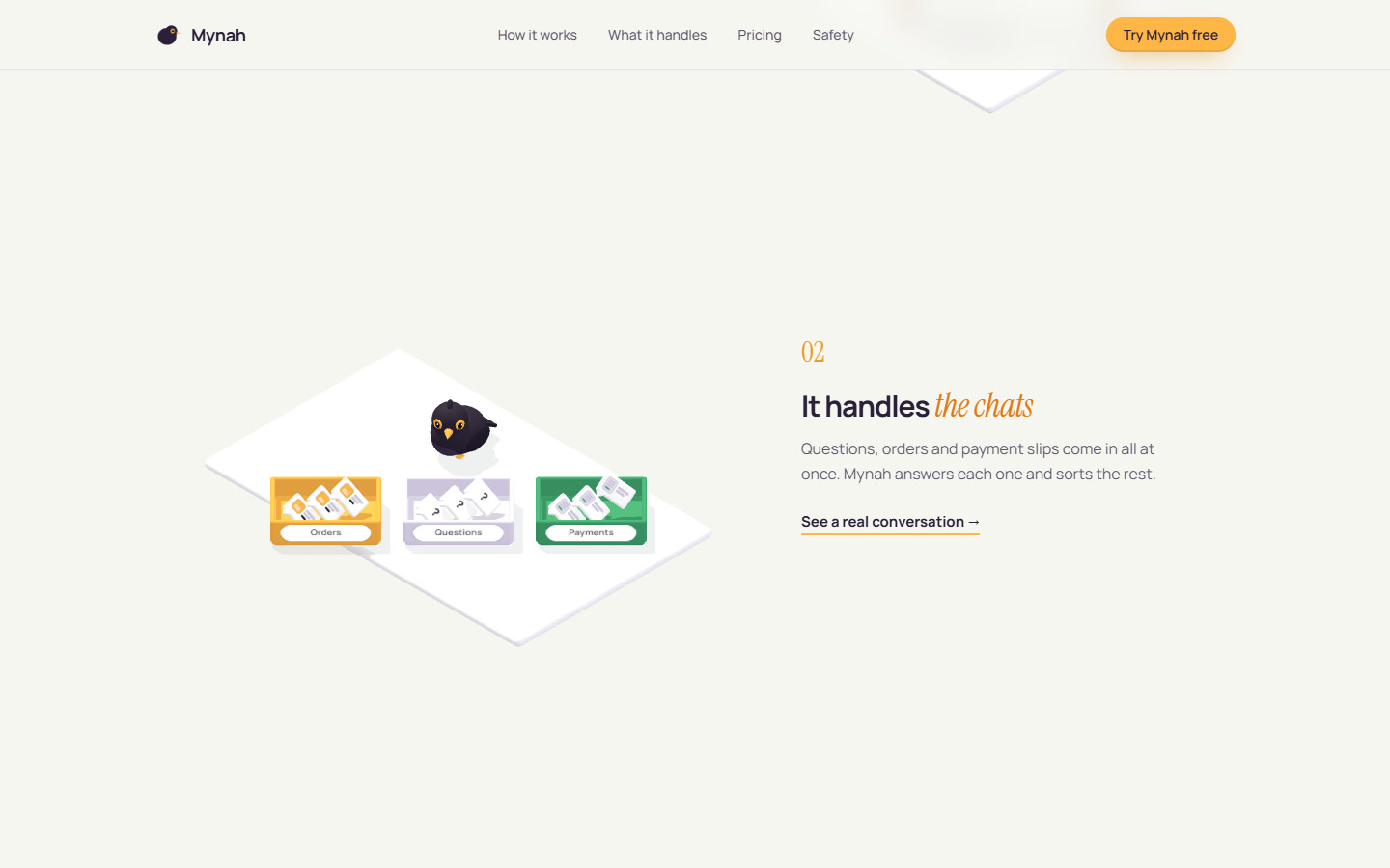 Step two: many chat bubbles sorted into Orders, Questions and Payments trays