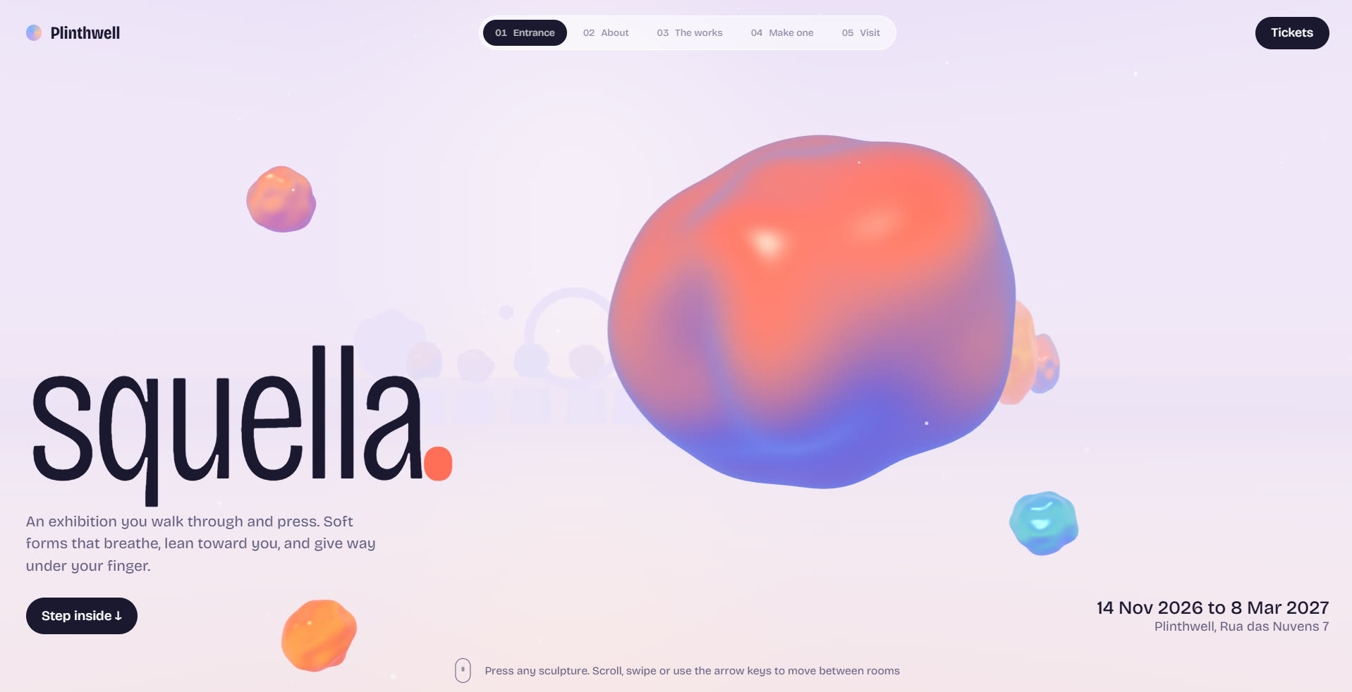 squella entrance room — the title, a large soft sculpture and the room menu