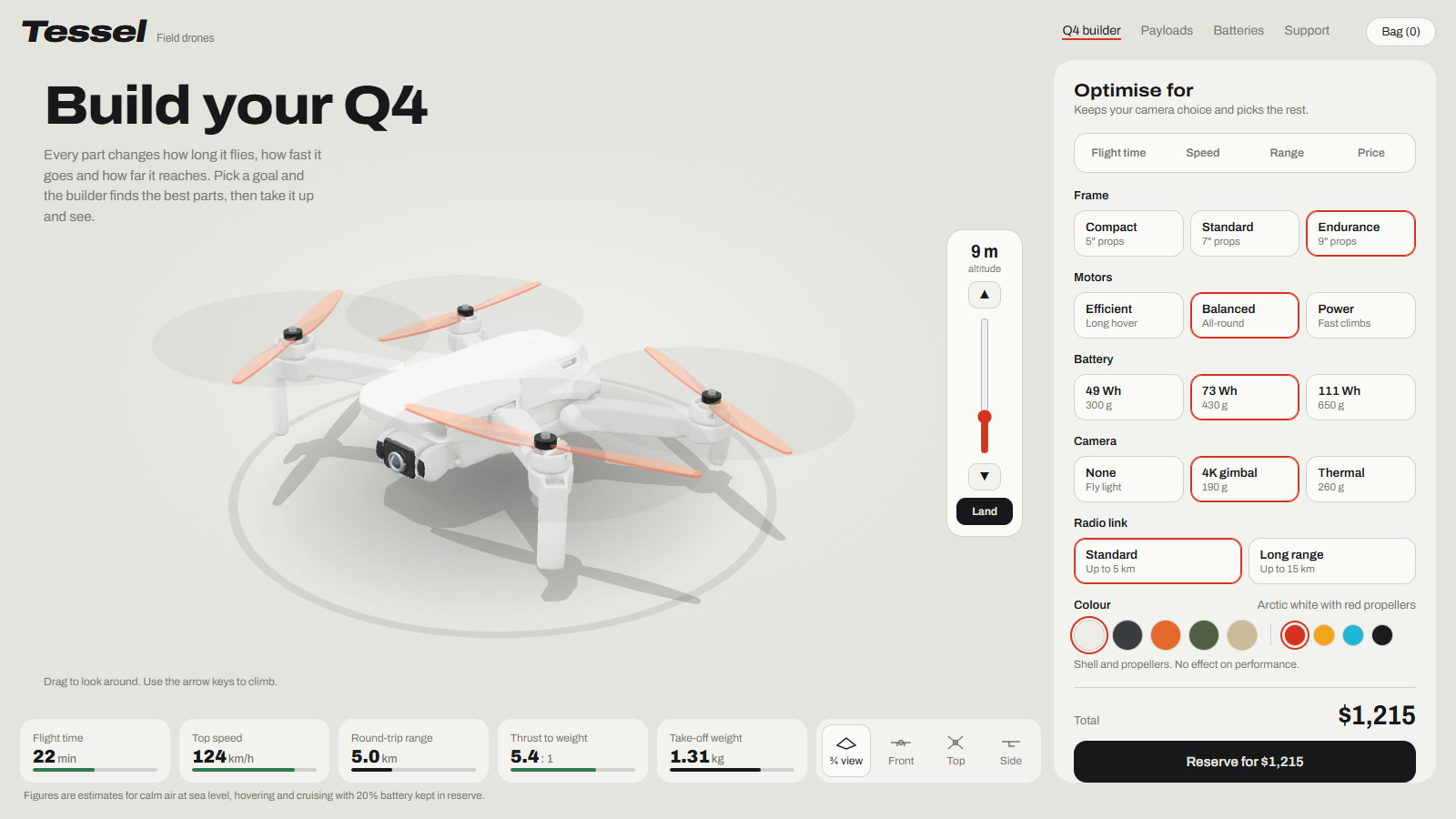 Take off: the drone lifts off the pad and holds altitude with spinning rotors